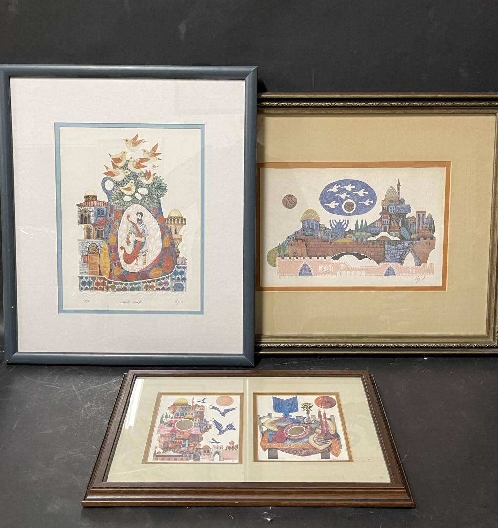 Amram Ebgi; Three(3) Framed Works: Two(2) hand colored and embossed artist proofs. David's Harp and Jerusalem Gate II. Each pencil signed and inscribed; 12.5in. X 9.5in. - 8.5in. X 13in.(image sizes) together with a framed print; 12in.