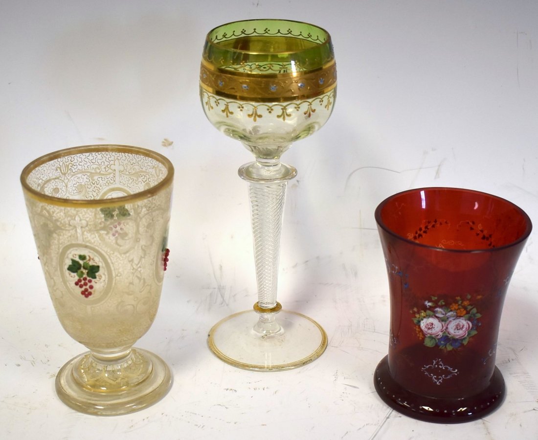 Collector: Cranberry glass 4 inch tall. Handpainted tumbler. Early footed goblet wih applied berries (doyle galleries label at bottom) 5 inches tall. Best quality stemmed wine glass (2 minor chips at the base 8 