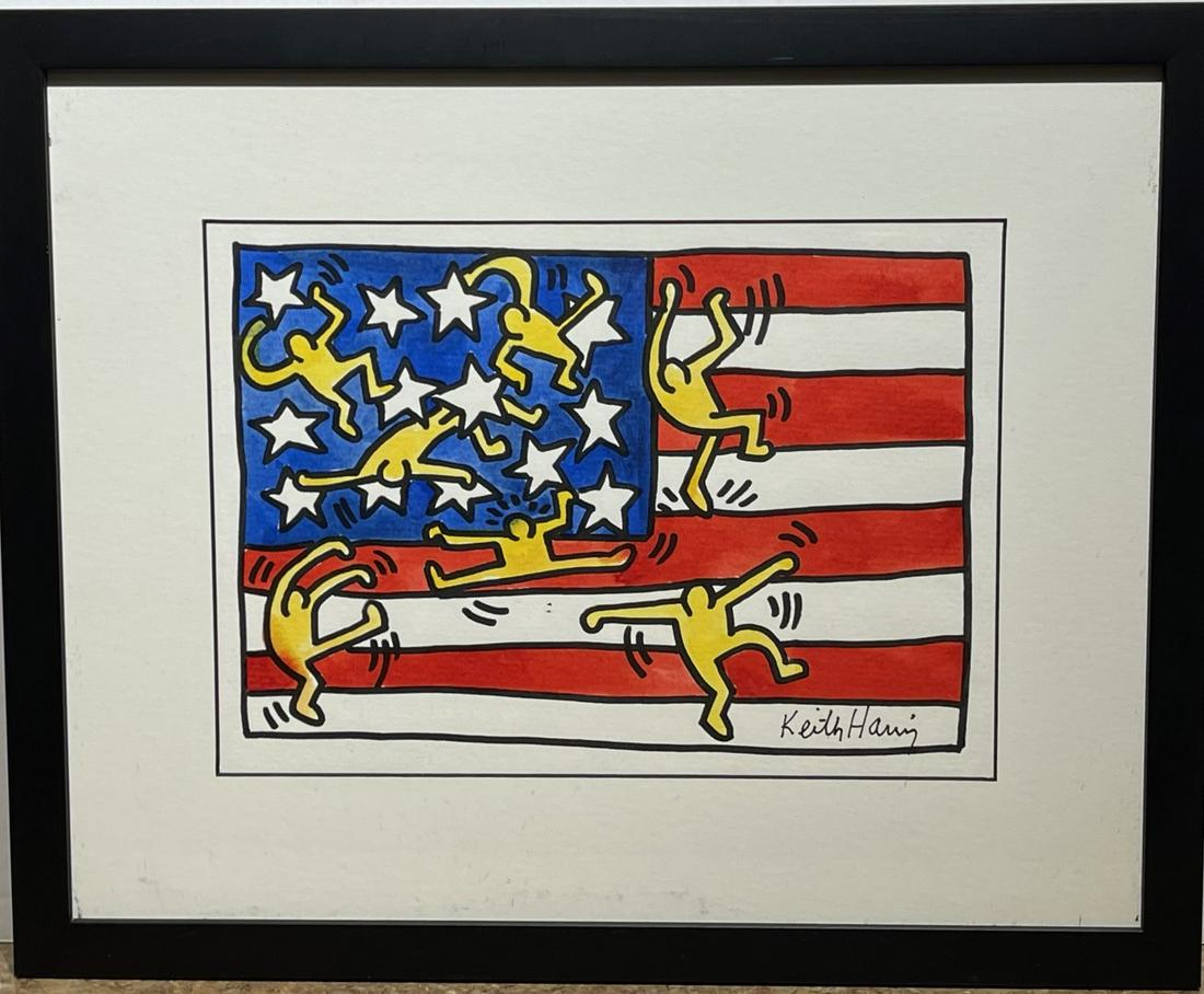 Keith Haring(after); 20thC. Felt-Tip Drawing Signed: Felt-tip drawing on paper. Figures & American Flag. After Keith Haring, bears signature lower right; 8in. X 11in.(image), 13.75in. X 17in.(framed)