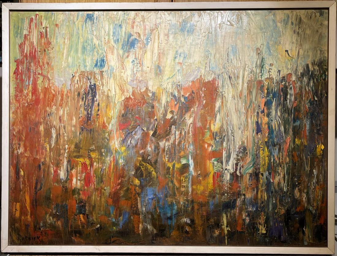 Milton Resnick(after); 20thC. Modernist Oil Abstract: 20thC. Modernist oil on board. Untitled. 1959. After Milton Resnick. Bears signature lower left and inscribed on reverse. Having a facsimile copy of gallery label affixed to reverse; 27in. X 35.5in.(i