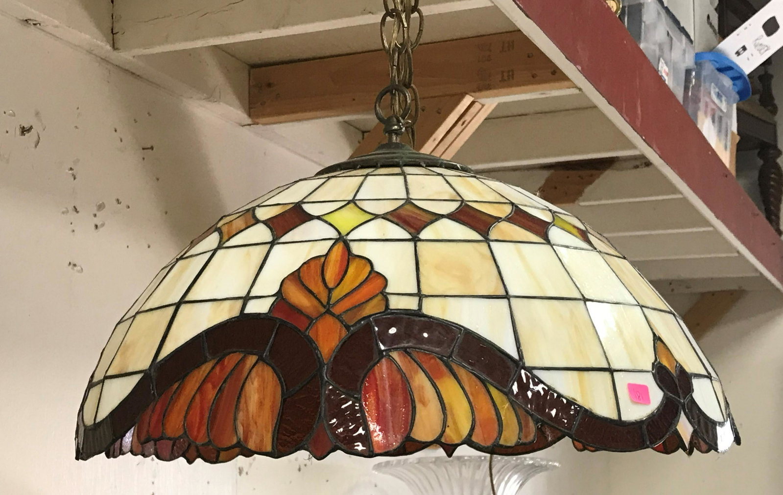 Antique Hanging Lighting Fixture: Hanging Stain Glass Shade-Minor cracks to glass. 18 inch diameter.