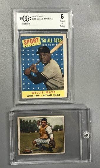 1958 Willie Mays & 1950 Yogi Berra Cards (2): BCCG GRADED 6 Yogi Berra 1950 not graded in case