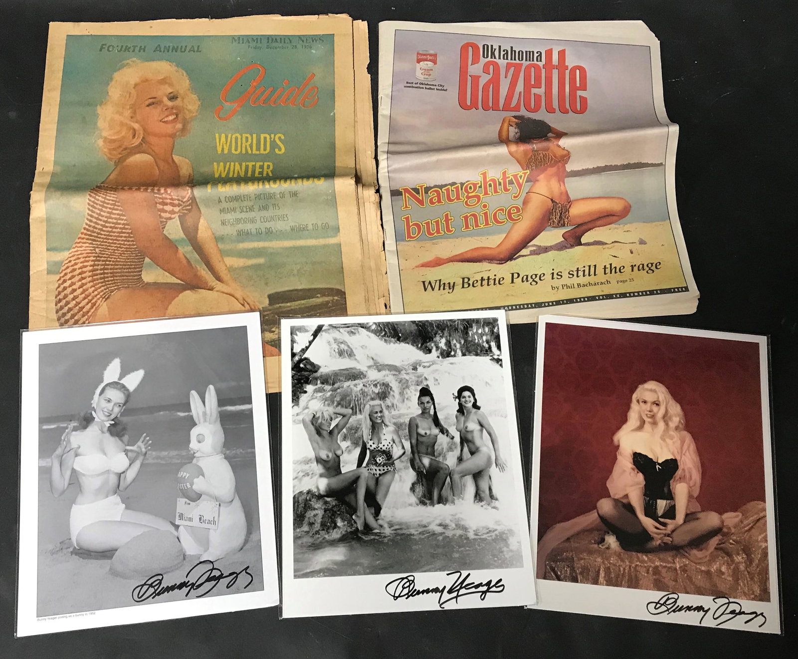 (2) News Papers & (3) Photos Sgd Bunny Yeager: 8x10 Double Stock Photos Bunny Yeager. (2) B&W (1) Color All Signed Bunny Yeager. News Paper Miami Daily News 1956 Featuring Model Lisa Winters. & Oklahoma Gazette 1998 Featuring Bettie Page.