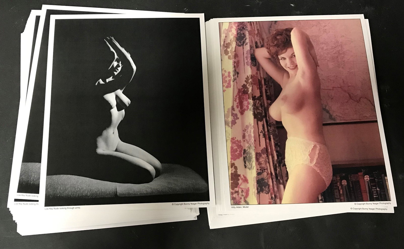 (50) Plus Bunny Yeager Photos inc Kitty Alden: 8x10 Double Stock, Unknown Model Nude Looking Through Arm. All The Same Pose. Model Kitty Alden All The Same Pose.