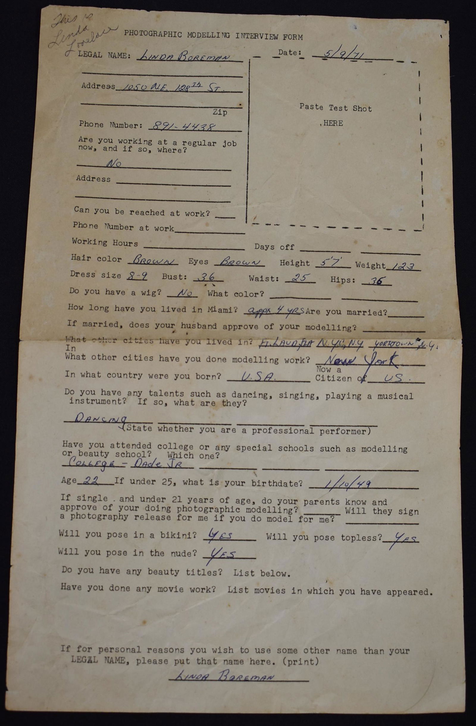 Linda Lovelace Modeling Interview Form (1 of 3)