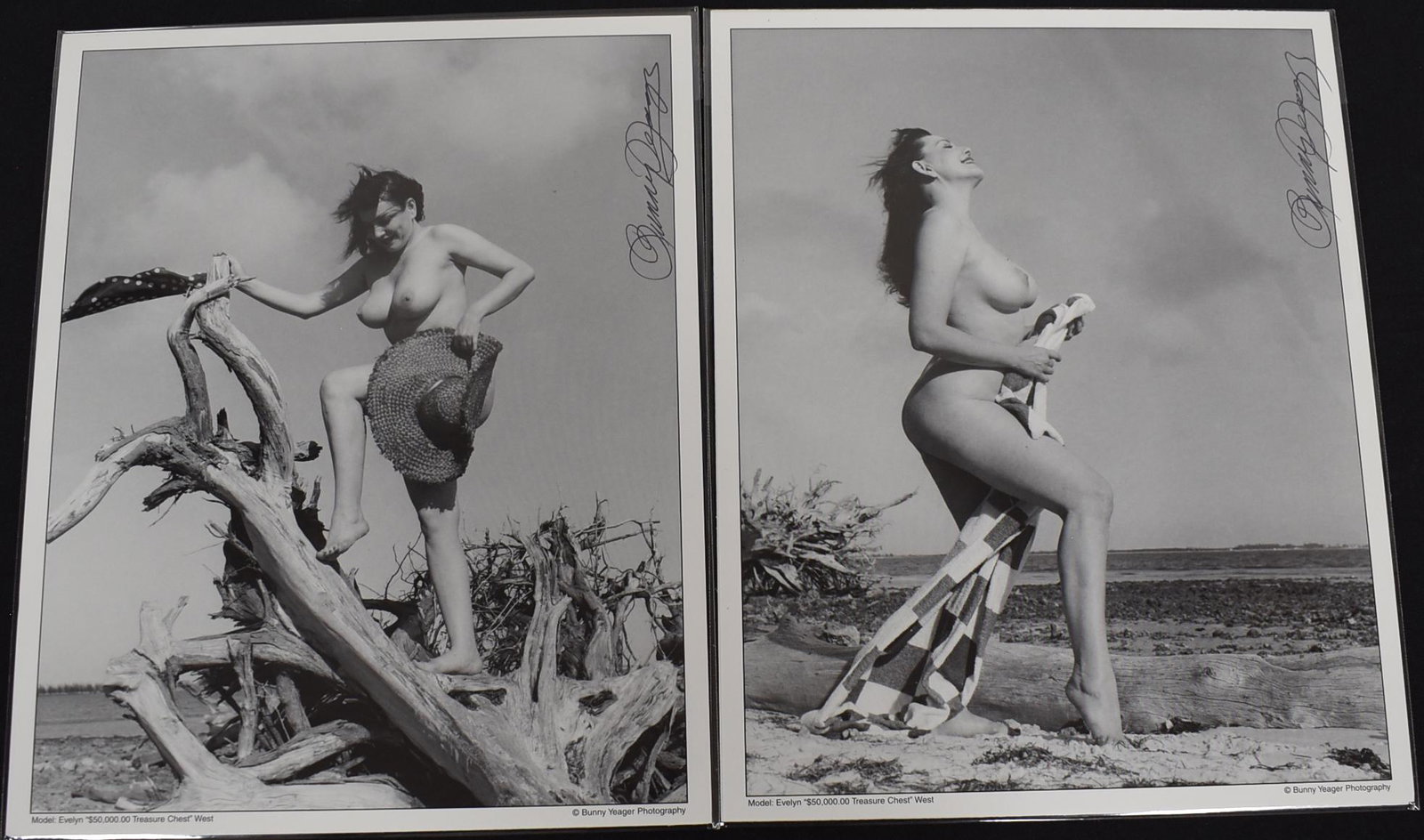 (2) Photo Model Evelyn West. Sign: 8x10 Double Stock Nude On Beach Sign. Bunny Yeager