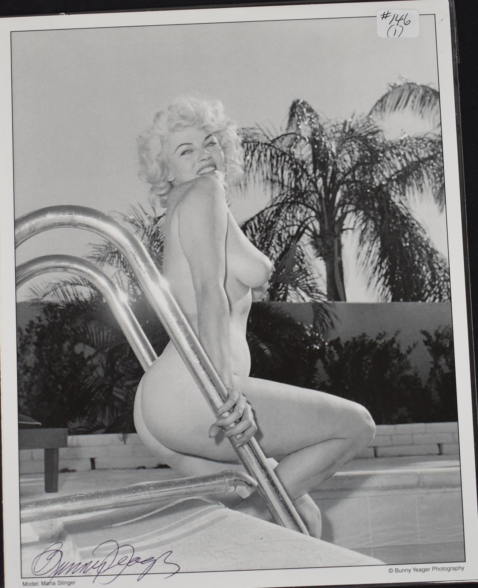 (1) Model Maria Stinger Photo.Sign.: 8x10 Double Stock Photo Of Maria Stinger Nude at Pool Signed Bunny Yeager
