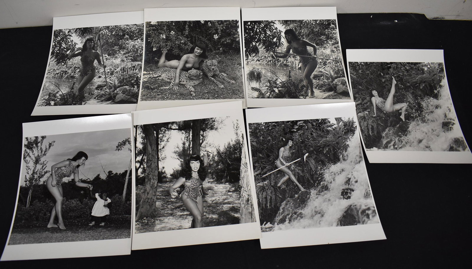 (7) Bettie Page Photos Jungle Land: Various Poses Of Bettie Page In Jungleland All Signed & Stamped on Back Bunny Yeager