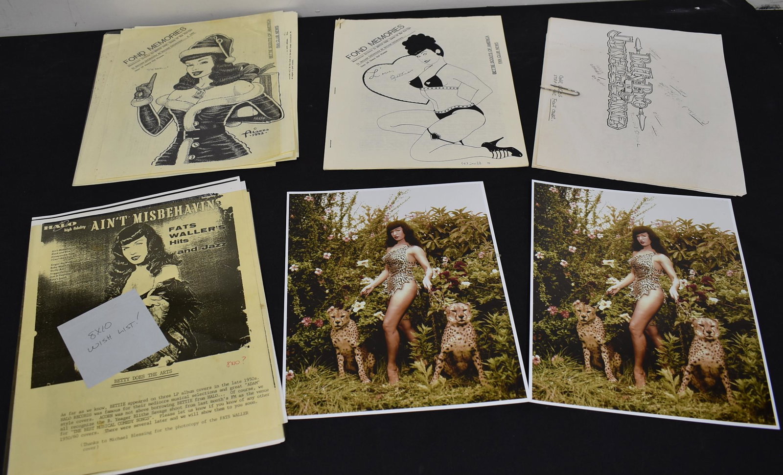 (4) Pamphlets On Books & (2) Photos: Bettie Page Fond Memories, Fond Memories Im Back, Aint Misbehavin,Betty Page In Jungle Land, - (2) 8x10 Double Stock Colored Photos