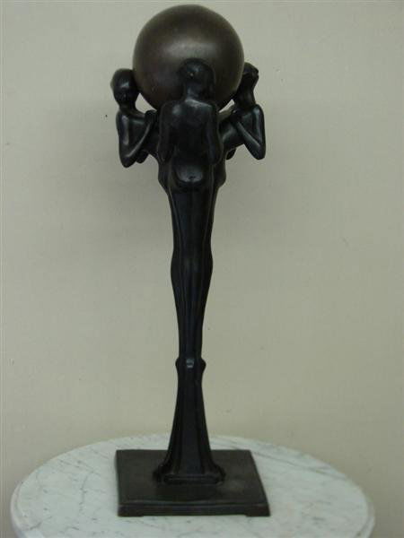 FRANKART STYLE BRONZE GROUPING: bronze, Art Deco grouping- figures suspending globe, 24 in.