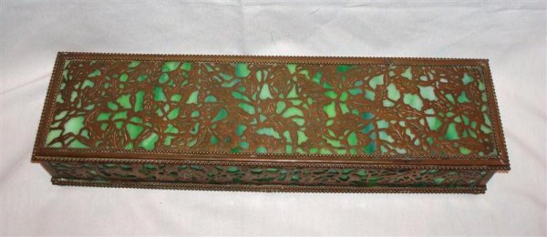 TIFFANY STUDIOS BRONZE & GLASS BOX: bronze and glass, letter box, signed "Tiffany Studios New York"; 18.25 in. L. x 5 in. W. x 3.5 in. D.