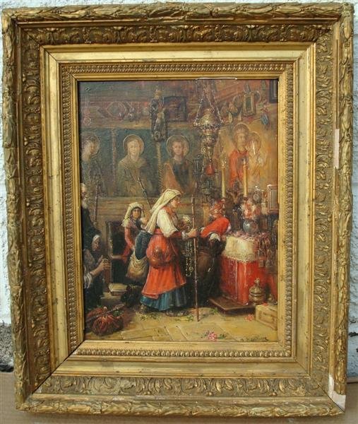 JOSE Y GIL BENLLIURE; OIL PAINTING SIGNED: oil on panel, Cathedral Interior with figures signed L.L. , original frame(needing repair); 14.75 in. x 11.25 in.