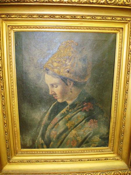 GERMAN SCHOOL; OIL PAINTING: oil on canvas, portrait of a woman in robe unsigned; canvas makers stamp on reverse, 25 in. x 20 in.