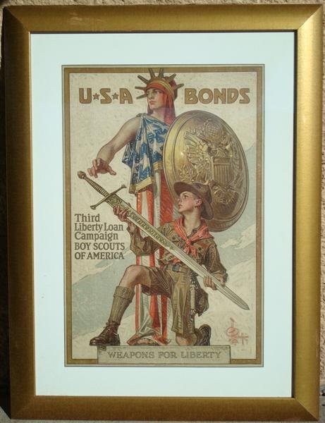 WWI US WAR POSTER: J.C. Leyendecker, lithographed poster, "USA Bonds-Boy Scouts of America", framed