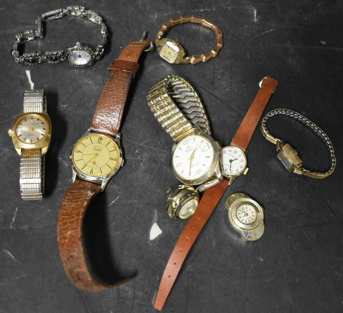 Lot of Vintage Watches (8): Includes Timex, Webster Genova, Gruen, Lucerno, Waltham, and more.