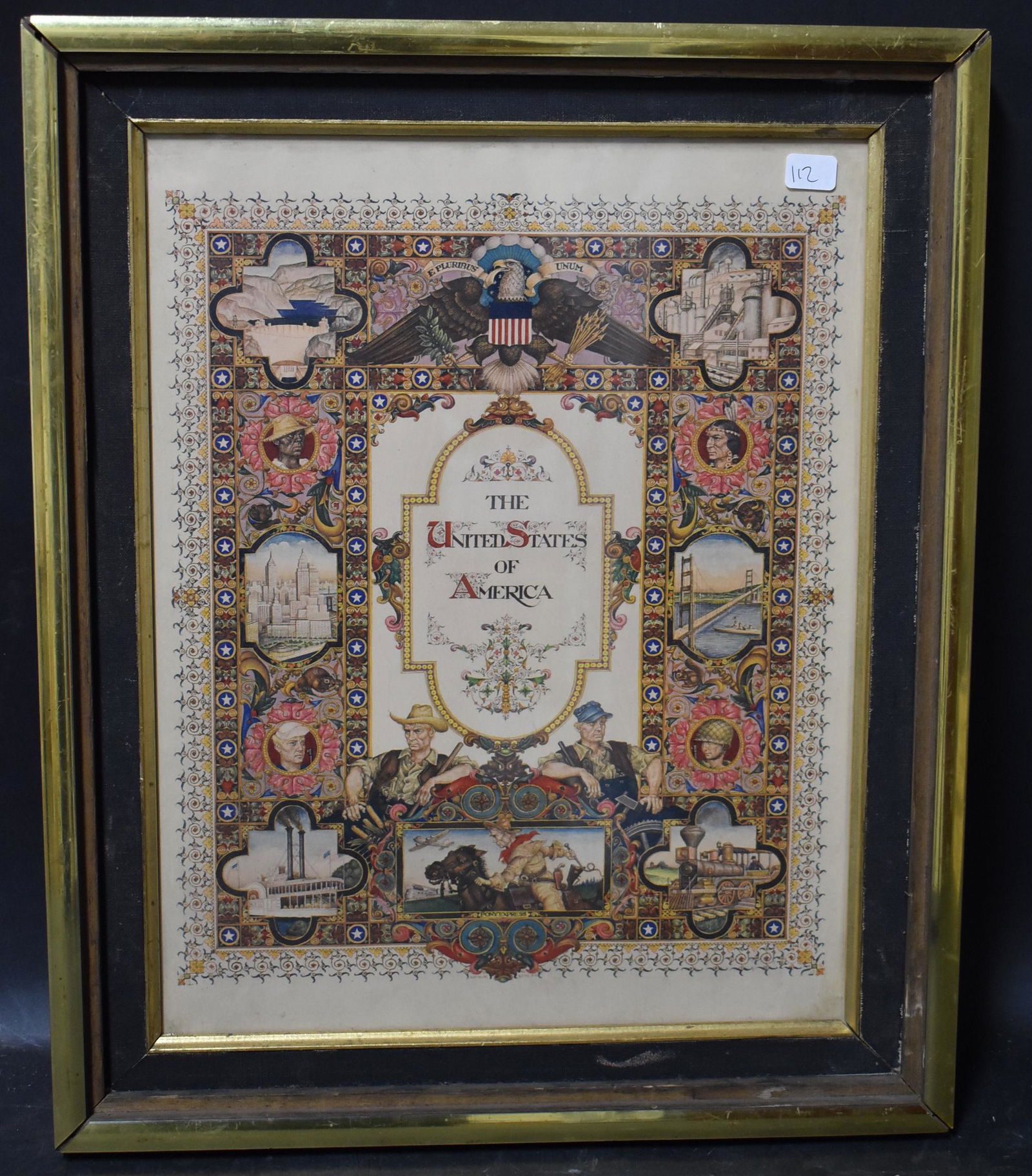 Arthur Szyk Visual History of Nations. The USA.: Chromolithograph printed 1945. Overall Size framed 17"H x 13.5"W