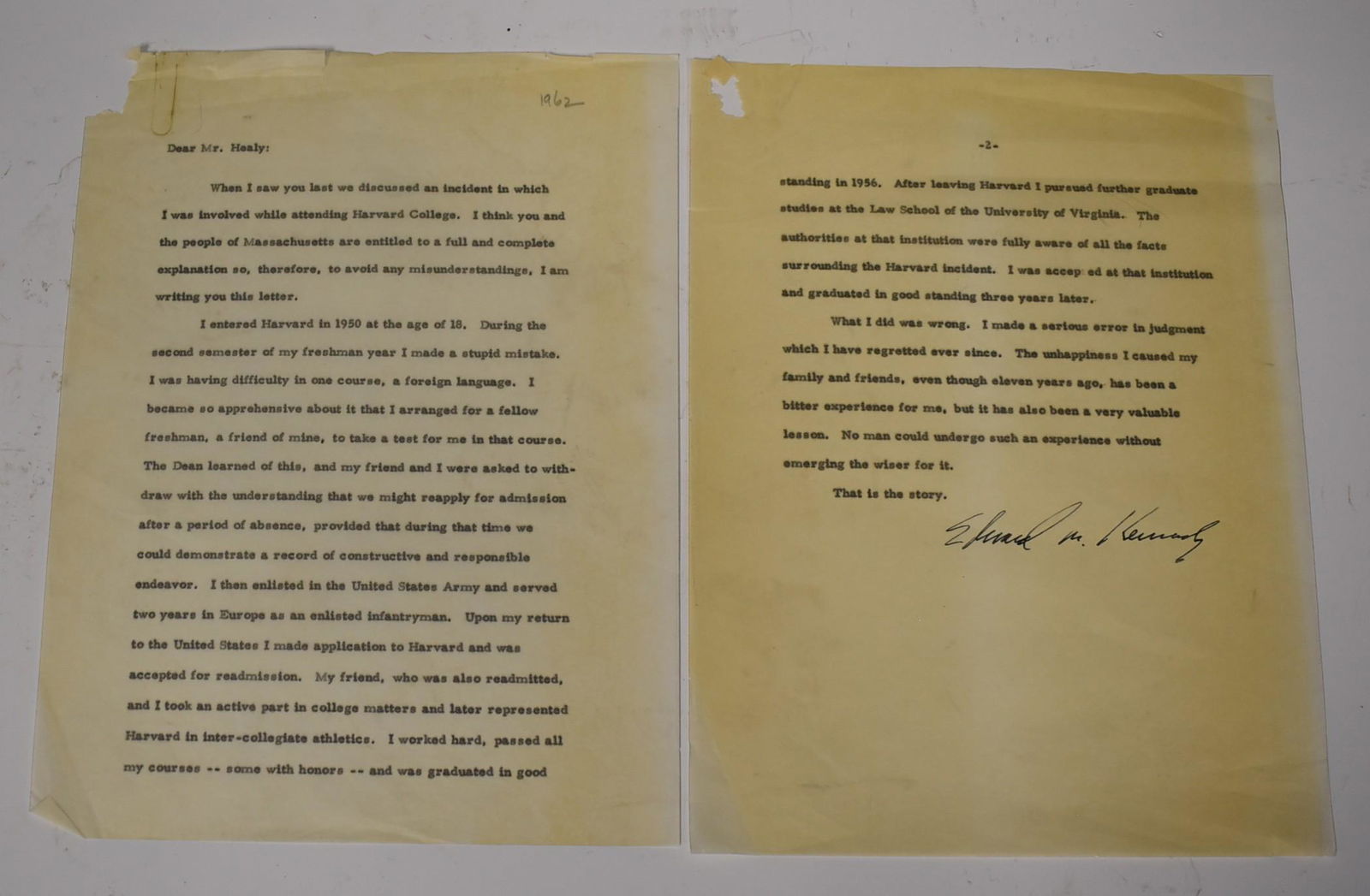 Sgd. Edward Kennedy Letter to Robert Healy (1 of 2)