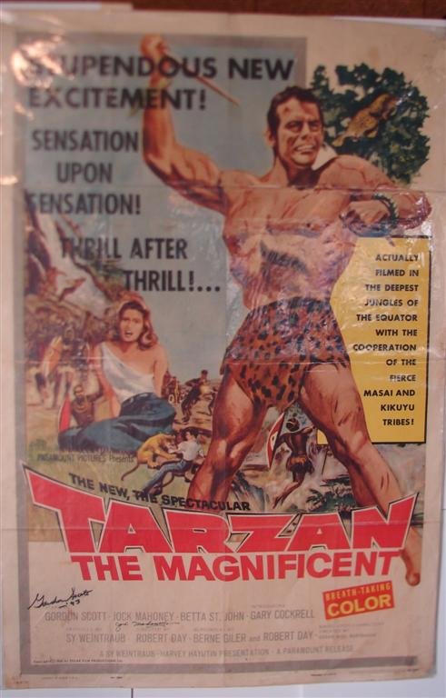 TARZAN THE MAGNIFICENT: 1S, 27" W X 41" H, Paramount, 1960, signed by Gordon Scott & Jock Mahoney, (VG - corners are torn and some stains)