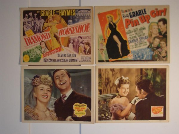 FOUR BETTY GRABLE CARDS: (1)LC - #4, 11" W X 14" H, The Shocking Miss Pilgrim,20th Century Fox, 1946 (VF-NM) (1)Title Card, 11" W X 14" H, Pin Up Girl, 20th Century Fox, 1944, (VF
