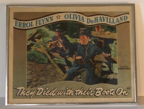 THEY DIED WITH THEIR BOOTS ON, FLYNN, DEHAVILLAND: (1) LC, 11" W X 14" H, Warner Bros., 1941, framed (F- crease or repaired tear upper middle)