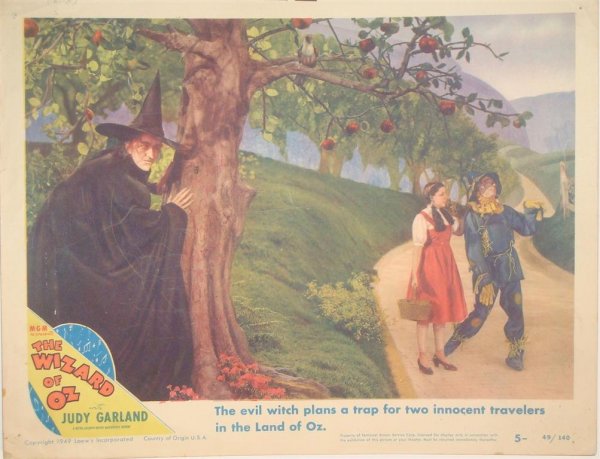 THE WIZARD OF OZ LC SIGNED BY MARGARET HAMILTON: (1) #5 -LC, 11" X 14", MGM, 1949, inscribed on front in red ink, "Get off my road, my pretties (cataloguer can't make out rest of inscription) Signed Margaret Hamilton" (F)