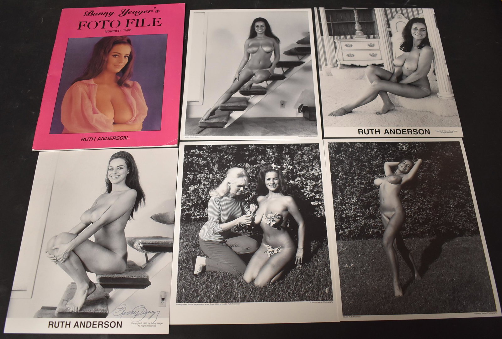 (4) Photos Ruth Anderson (1) Sgd. & (1) Foto File: 8x10 Double Stock. (4) Photos (1) Sgd Bunny Yeager. & Foto File Magazine No.2. With Ruth Anderson On Cover By Bunny Yeager.
