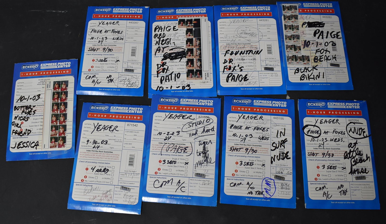 Bunny Yeager "Paige" Photos (200): 9 different packs of developed pictures. All of the model "Paige". 2003. All 4 x6.