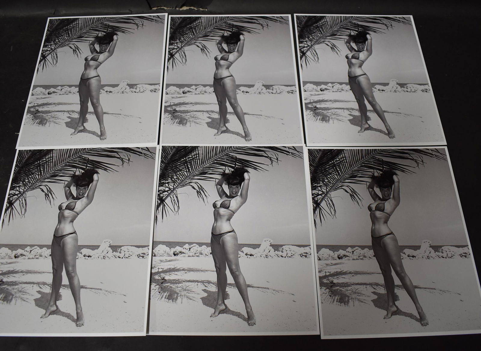 (6) Photos Bettie Page .: 8x10 Double Stock. Bettie Page In Bikini On Beach. (6) Photos All The Same Pose.