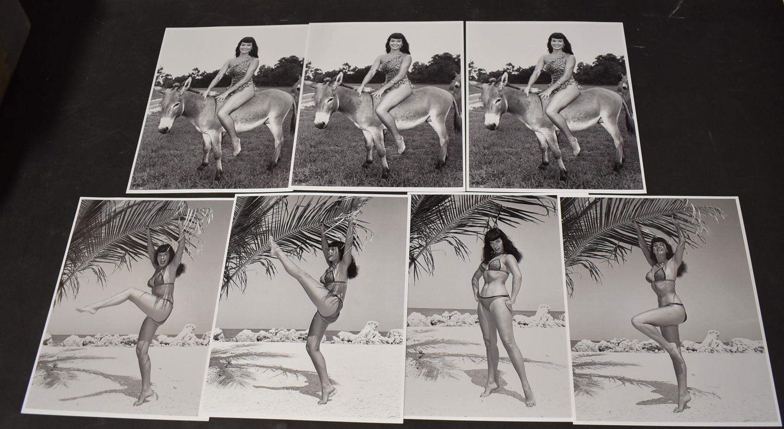 (7) Photos Of Bettie Page. By Bunny Yeager.: 8x10 Double Stock. (4) Different Poses Of Bettie Page In Bikini On Beach. (1) Pose (3) Photos Of Bettie Page On Donkey.