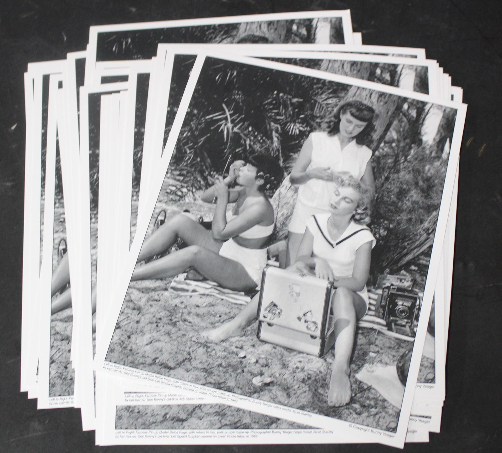 (25)+ 8x10 Photos Of Bettie Page , Bunny Yeager, Janet: 8x10 Double Stock.All The Same Photo of Bettie Page, Bunny Yeager & Janet Stanley Photo Taken By Bunny Yeagers Speed Graphic Camera. Photo Taken In 1954.
