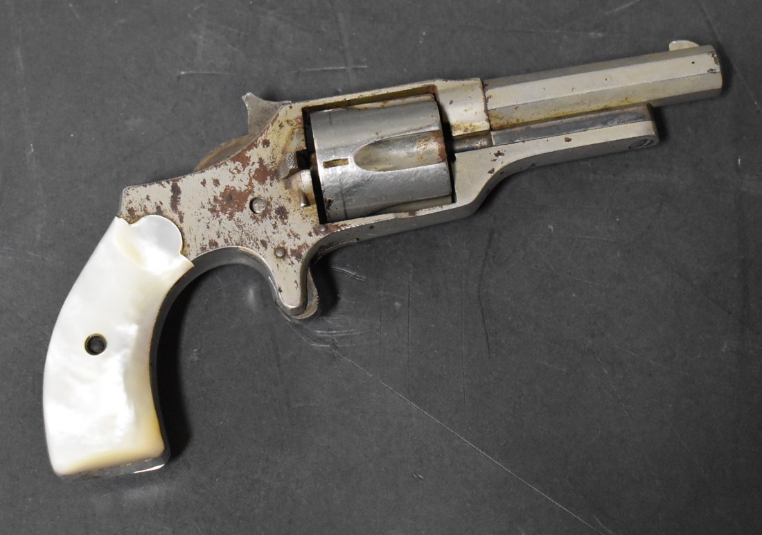 19th C. C.S. Shattuck Single Action Pocket Revolver: Hatfield Mass. Pat. Nov. 4, 1879. Mother of Pearl Handle. Some wear and discoloration which will be visible in photo. Commensurate with age. Hammer is chipped