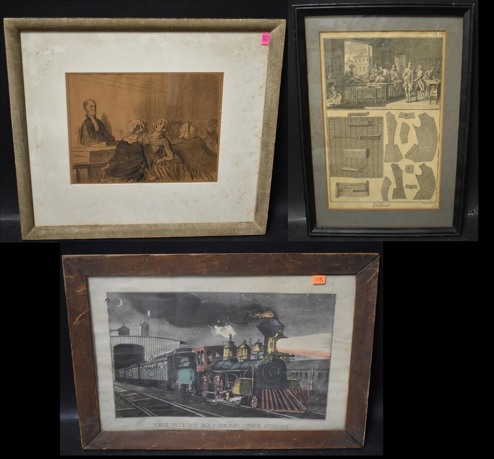 Dealers Lot of Antique Etchiings and Prints (3): Vintage The Night Express: The Start Print- Reprinted from lith by Currier & Ives. Frame has some condition issues. 13H x 18W. . Vintage Tailleur Etching- 12.5H x 9.5W. and Framed Etching Court Scene-