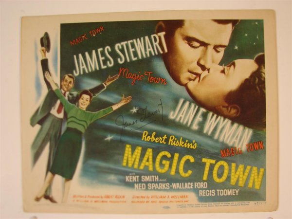 AUTOGRAPHED MAGIC TOWN TITLE CARD: STEWART, WYMAN (1) TC, 11"W X 14"H, MGM, 1947, autographed by James Stewart (VF)