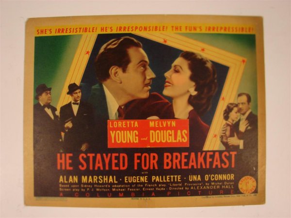 HE STAYED FOR BREAKFAST TITLE CARD: MARSHALL, O'CONNOR (1) TC, 11"W X 14"H, Columbia, 1940 (F)