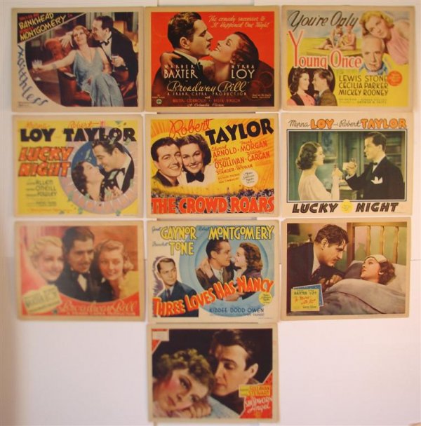 TEN 1930'S LOBBY AND TITLE CARDS: You're Only Young Once (MGM, 1938) Stone, Parker, Rooney (TC); Broadway Bill (Columbia, 1934) Baxter, Loy (TC and LC) VF-F; To Mary - with Love (20th C. Fox, 1936) Hunter, Trevor (LC) F(Left corner to