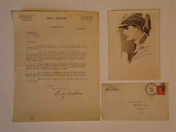 ISP AND TLS BILLY SULLIVAN: Inscribed, signed photograph, "To Marion, Yours Truly Billy Sullivan.". Typed letter signed Billy Sullivan. On Billy Sullivan letterhead, California Studios, Hollywood, sated 11/28/25. "I have been ma