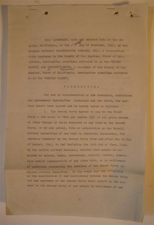 DOROTHY LAMOUR CONTRACT, SIGNED: 12 page typed contract dated Nov. 19, 1941 between NBC and Dorothy Lamour in which NBC agrees to pay 5% of all gross monies paid from August 1941 to June 1945 for services rendered in the motion pictu