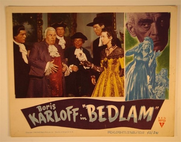 BEDLAM LOBBY CARDS (2): RKO Pictures, 1946. Lobby Cards (2) BORIS KARLOFF 11" X 14" (VF)