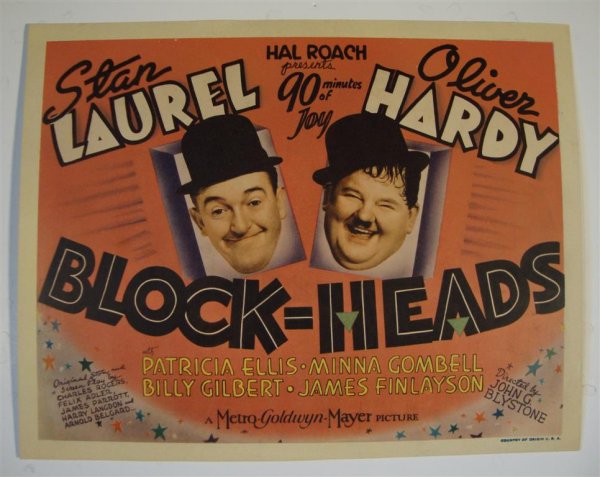 BLOCK-HEADS TITLE CARD: MGM, 1938. LAUREL & HARDY Hal Roach Presents 90 Minutes of Joy. 11" x 14" (VF-NM)