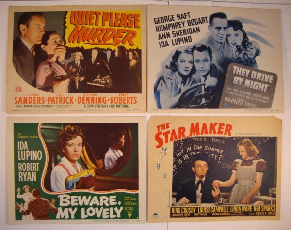 FOUR(4) LOBBY AND TITLE CARDS: "Beware My Lovely" RKO, 1952. LC #6, LUPINO, RYAN. 11" x 14" (VF- pinholes); "Quiet Please, Murder" 20th. C. Fox, 1942. TC, SANDERS, PATRICK, DENNING, ROBERTS. 11" x 14" (VF); "They Drive By Night", W