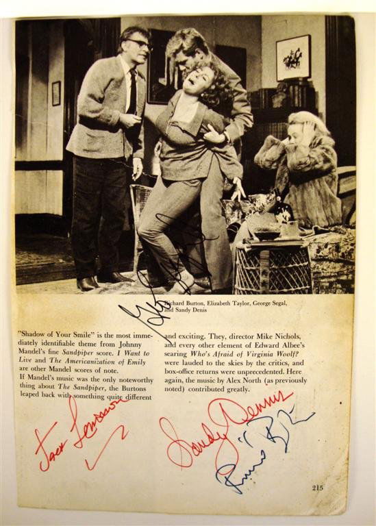 FIVE AUTOGRAPHS: Jack Lemmon and Sandy Dennis in red ink. Richard Burton and George Segal on a magazine page 215 with scene from "Who's Afraid of Virginia Wolf." On the reverse, the signature of Warren Beatty next to