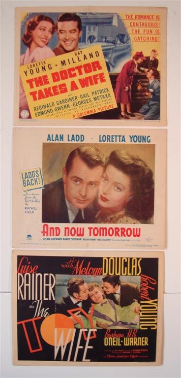 THREE TITLE CARDS: "The Toy Wife", MGM, 1938. YOUNG, DOUGLAS, O'NEIL; "The Doctor Takes A Wife" Columbia, 1940. YOUNG, MILLAND.; "And Now Tomorrow", Paramount, 1044. LADD, YOUNG. All 11" x 14". (F)