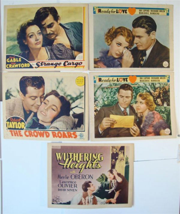 FIVE ROMANTIC LOBBY CARDS: "Wuthering Heights", Samuel Goldwyn Company, 1939. Oberon, Olivier, Niven.; "The Crowd Roars", MGM, 1938. Robert Taylor. "No One Will Ever Come Between Us."; "Strange Cargo" MGM, 1940, Close-up of Cra