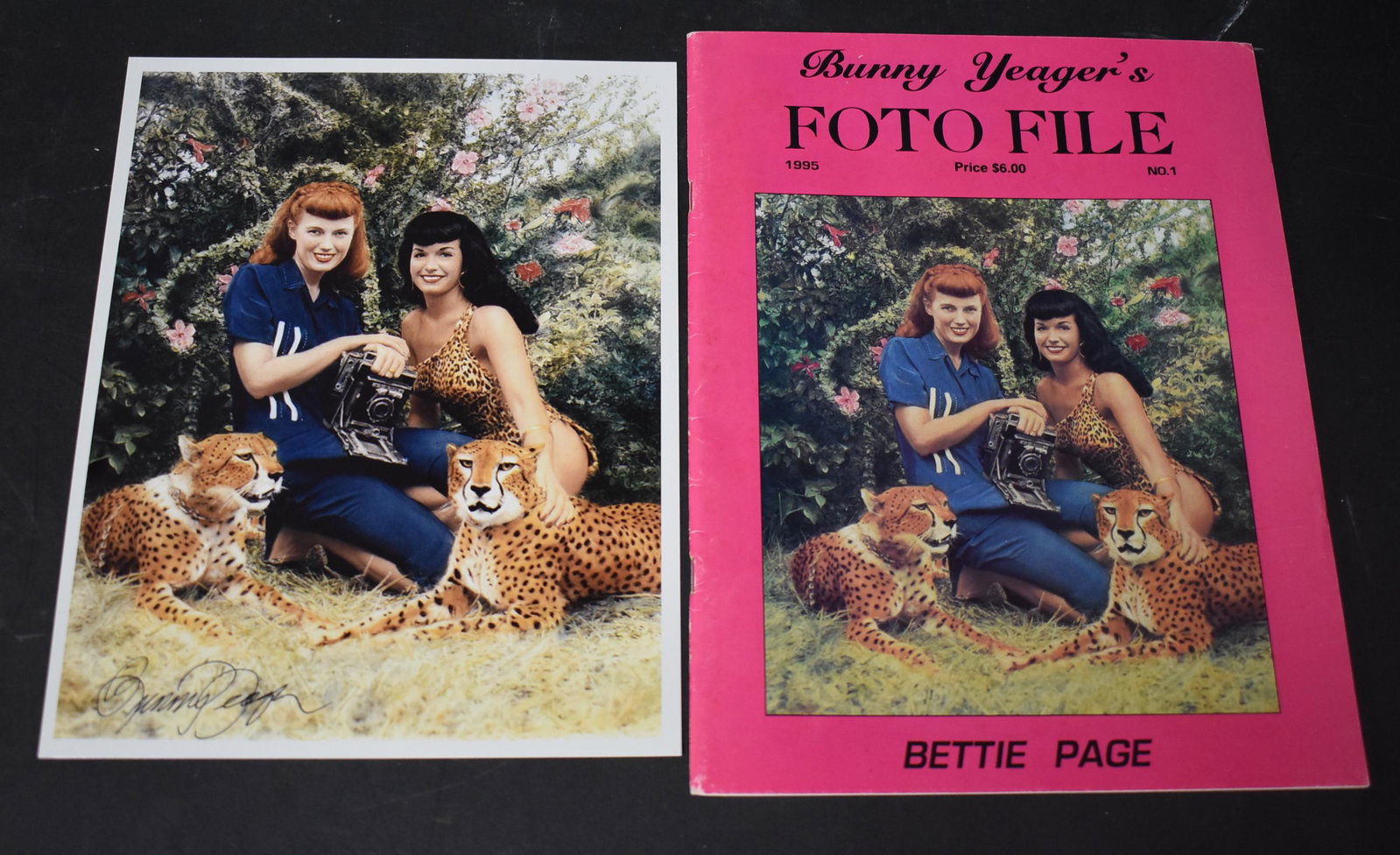 (1) Foto File Magazine. (1) Photo Of Bunny Yeager &: 8x10 Photo Of Bunny Yeager & Bettie Page In Jungle Land. Sgd Bunny Yeager. (1) Foto File Magazine No.1 1995 Photo On Front Cover Bettie Page & Bunny Yeager In Jungle Land.