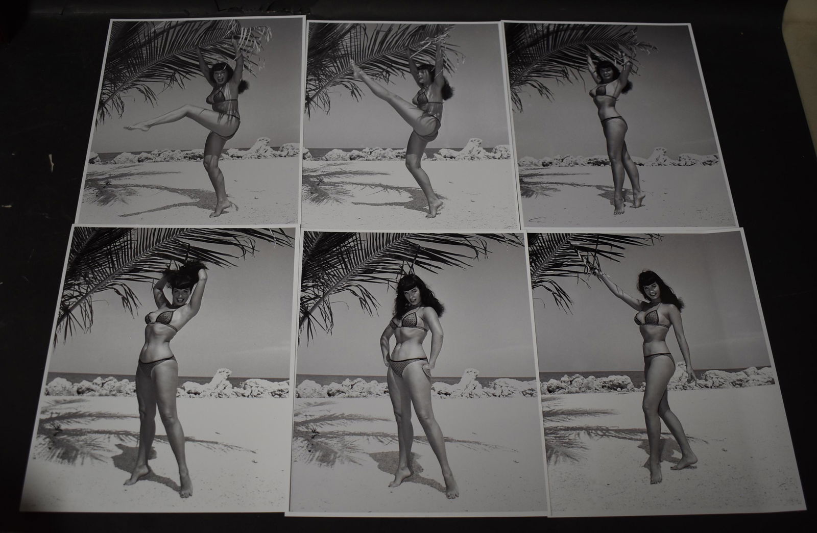 (6) Photos Bettie Page .: 8x10 Double Stock. (6) Photos Of Bettie Page. All Different Poses Of Bettie Page, On Beach Wearing a Bikini. By Bunny Yeager Photography.