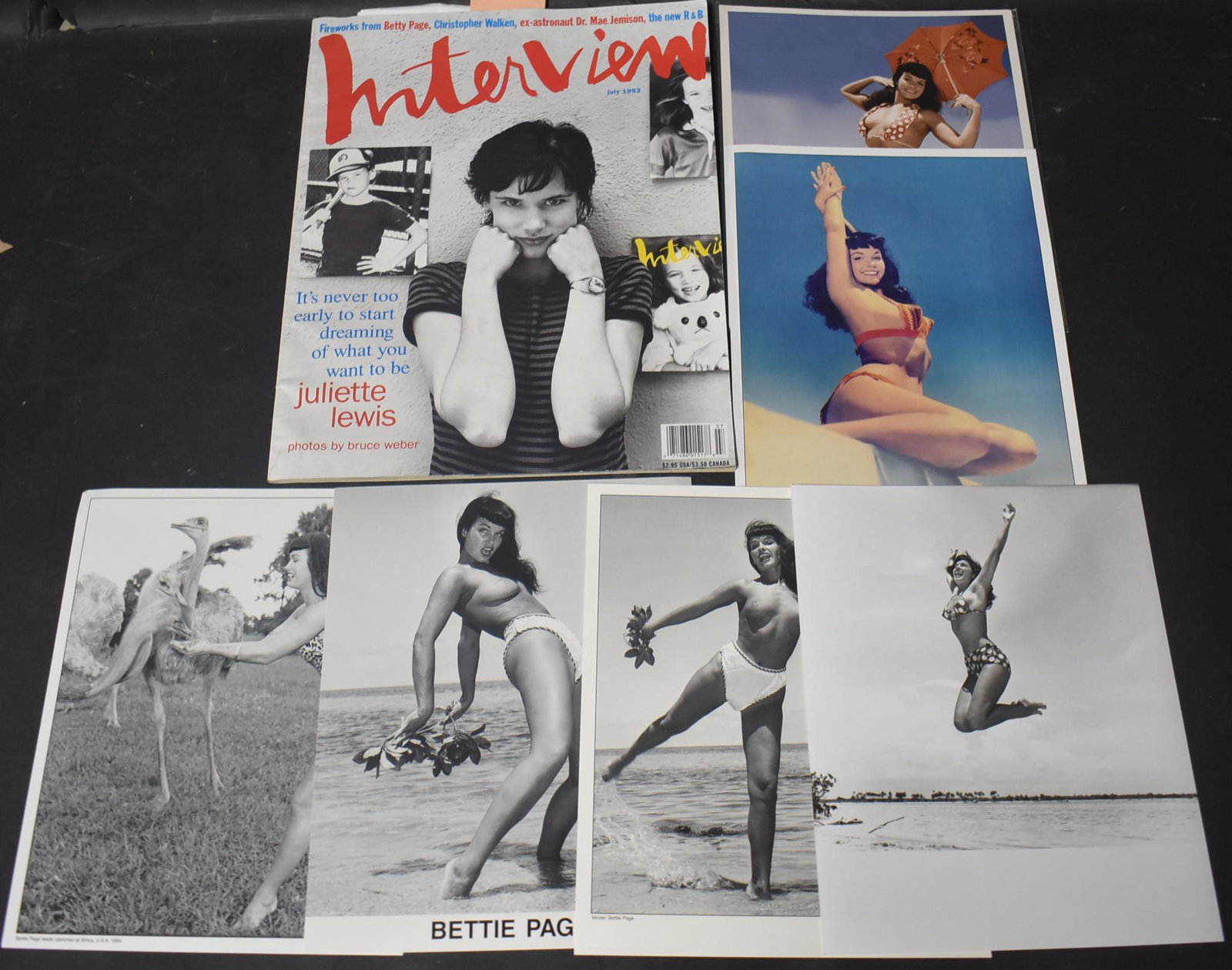 Interview Magazine,1993 Article.. (6) Photos..: 8x10 Double Stock.(6) Photos Bettie Page. (4) B&w (2) Color Photos (1) Sgd. Bunny Yeager. Some of Photos Featured In Interview Magazine 1993.