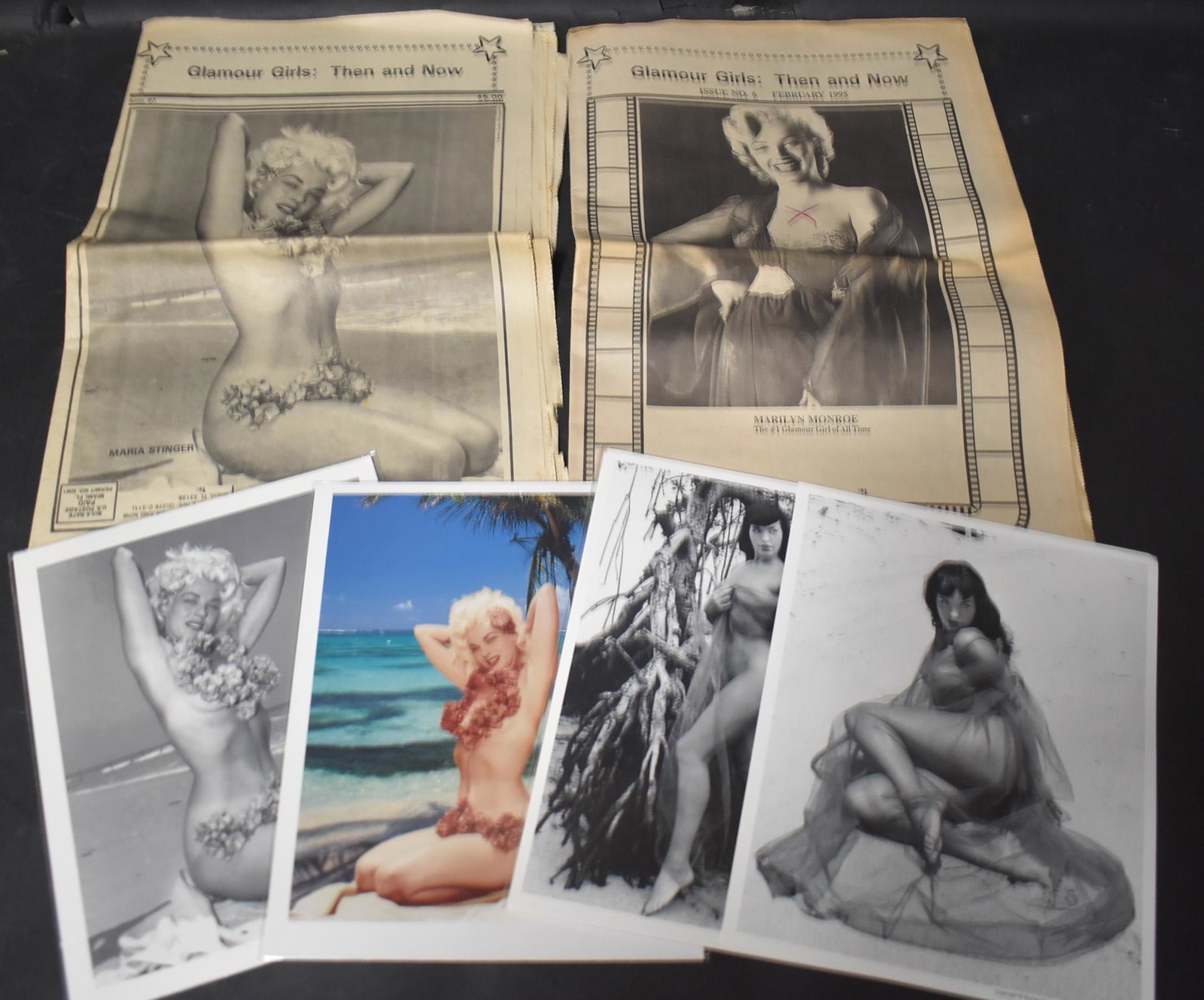 (2) News Papers, "Glamour Girls; " & (4) Photos.: (2) Glamour Girls; "Then and Now" (1) Featuring Maria Stinger, (1) Featuring Marilyn Monroe