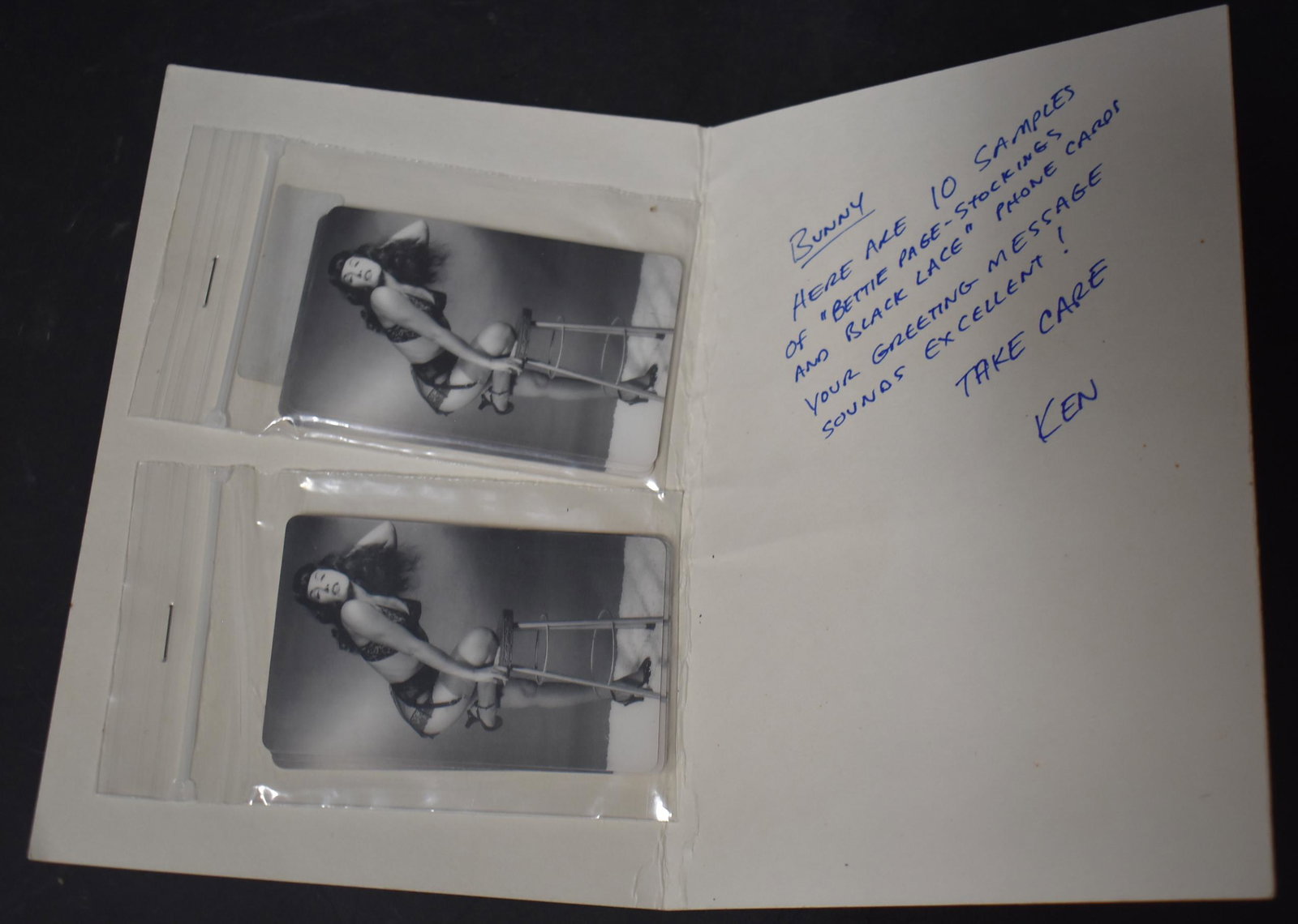 (10) Samples of Phone Cards.: (10) Samples of Bettie Page Stockings & Black Lace Phone Cards. With Notation About Greeting Message. .