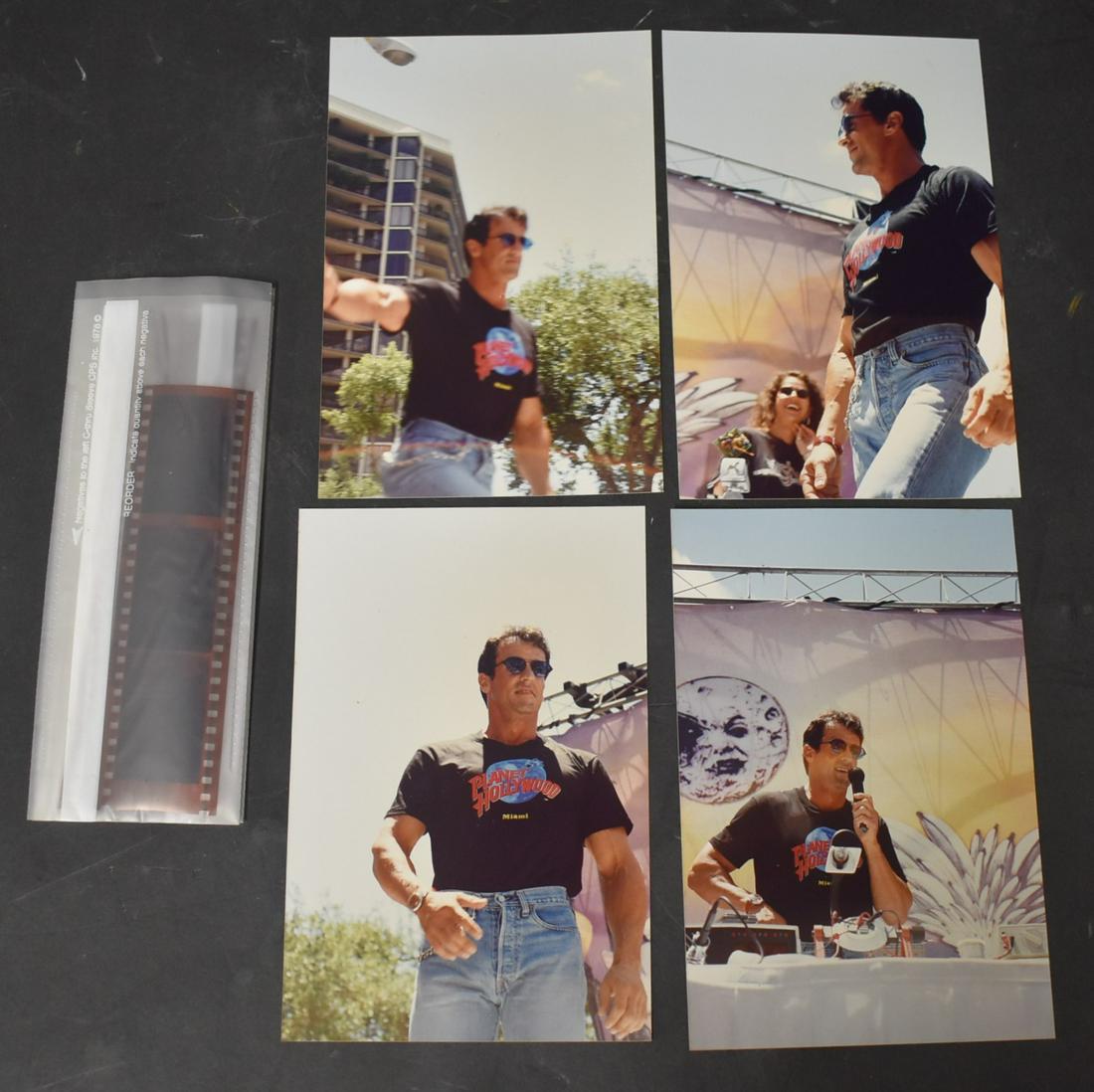 Sylvester Stallone Snapshots by Bunny Yeager with: Four snapshots of Sylvester Stallone in a Planet Hollywood T-shirt by Bunny Yeager together with their negatives. Included in the lot are negatives of Bunny Yeager (later age). 4 x 6 (photos)