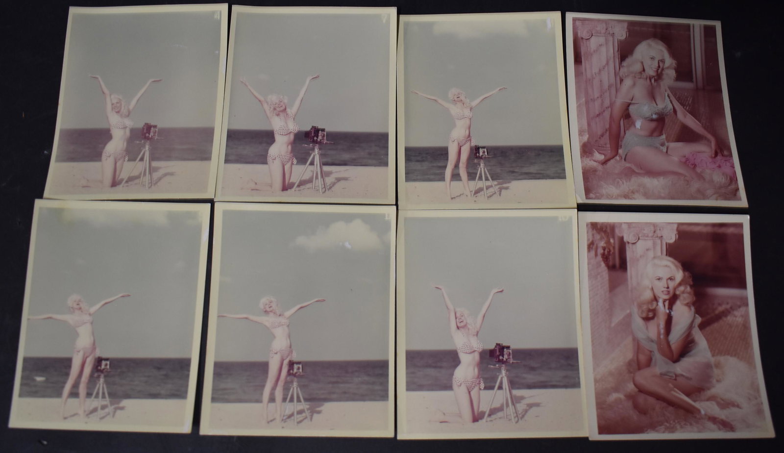 (8) Photos Bunny Yeager. 4x5 Self Portraits: 4x5 Colored Photos 1956. Self Portraits of Bunny Yeager Using a Self Timing Camera